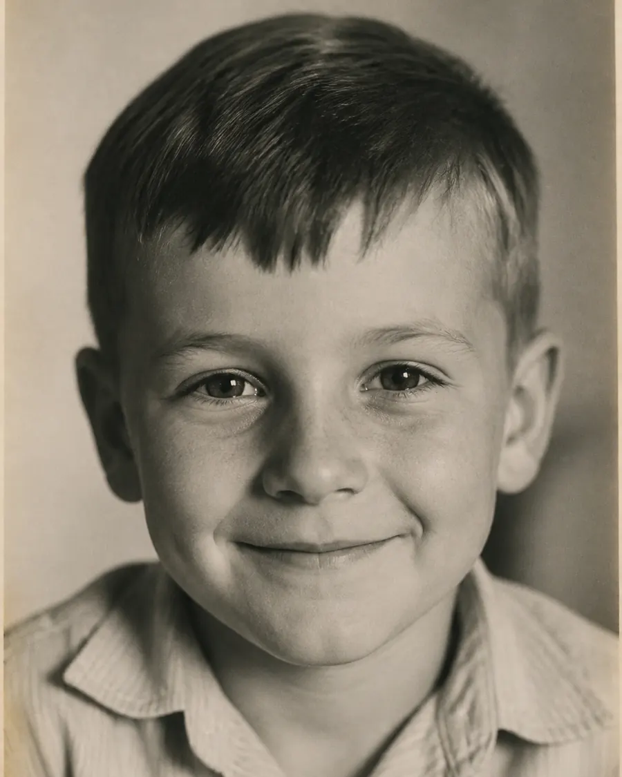 Zwart-witportret van een jongen van zeven, het gezicht groot in beeld.