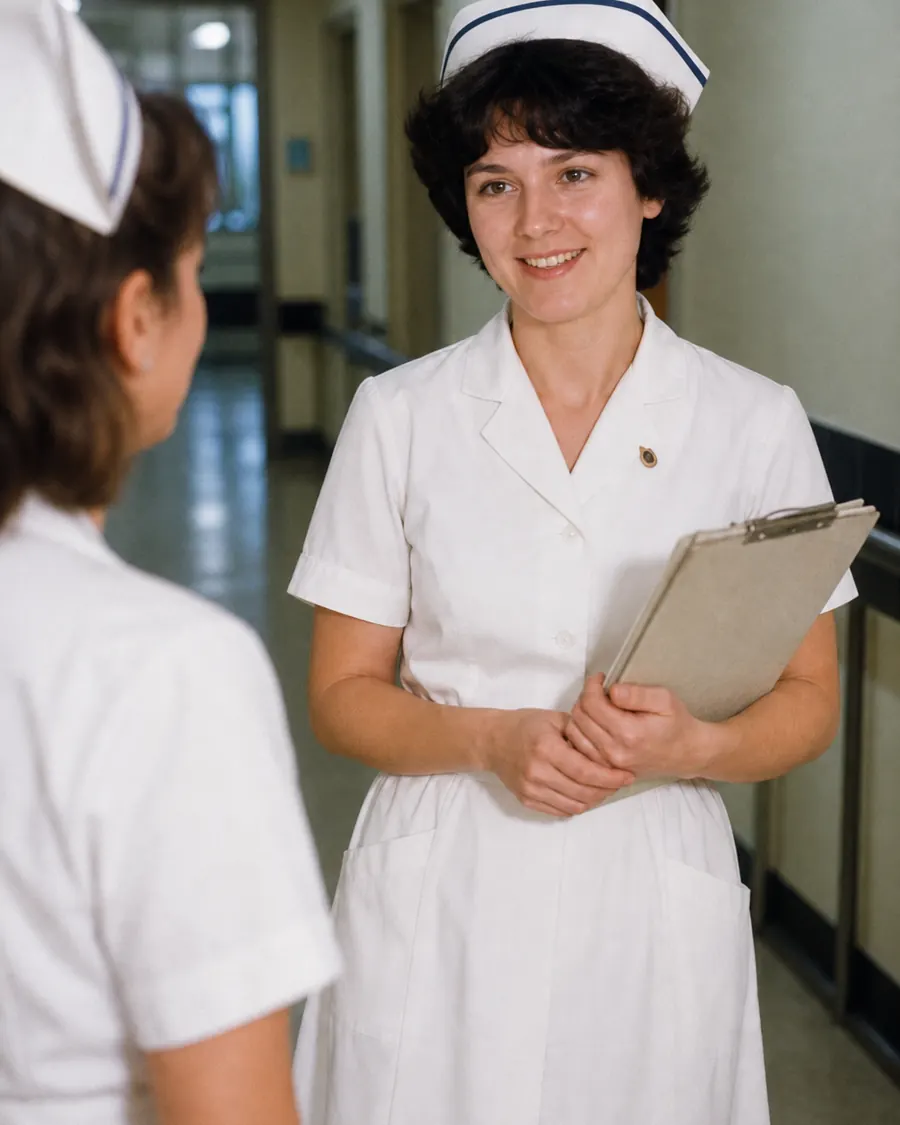 Dezelfde vrouw in uniform op een ziekenhuisgang, jaren tachtig