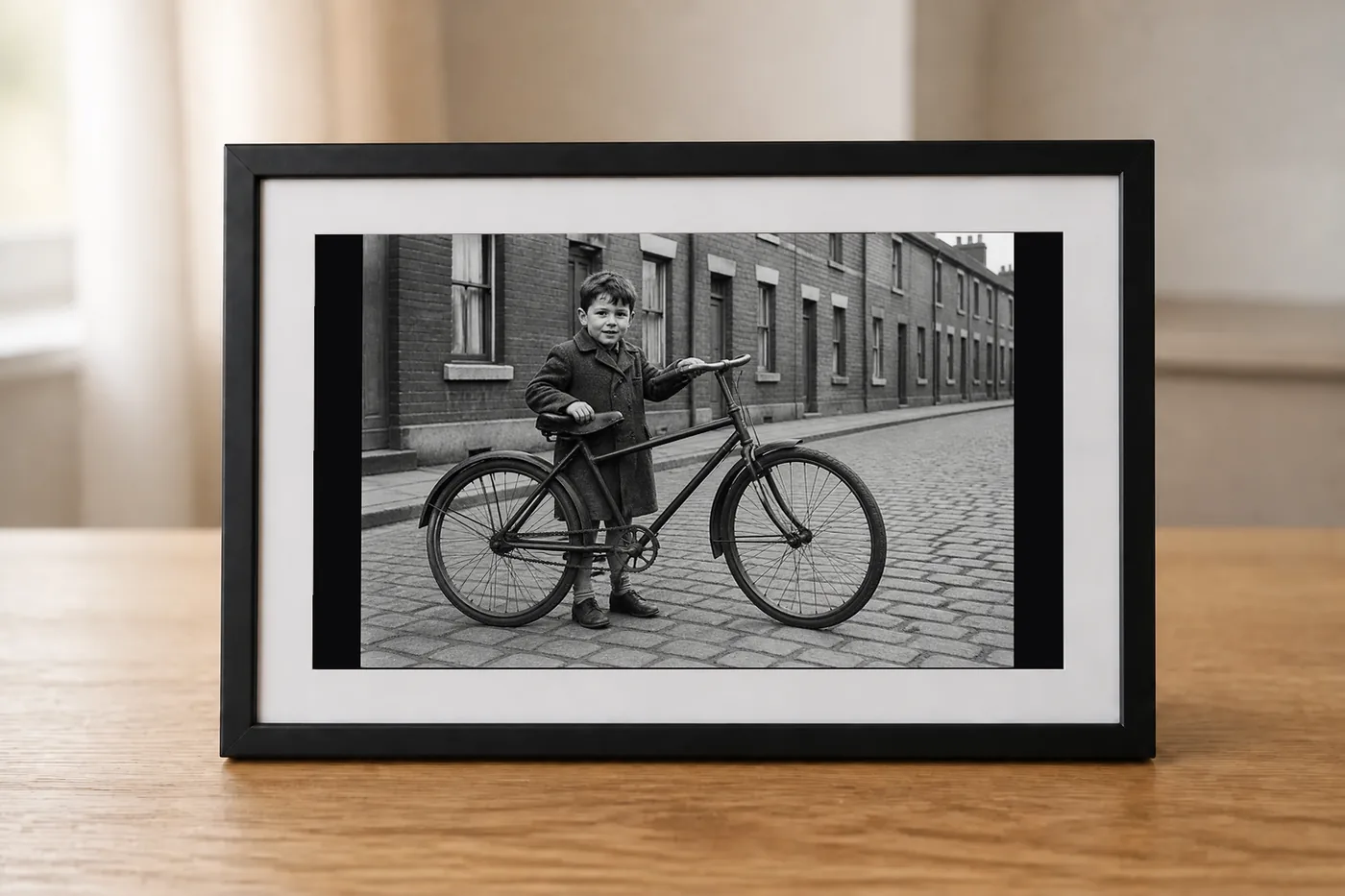 De lijst met een herstelde foto, op een kast in de woonkamer