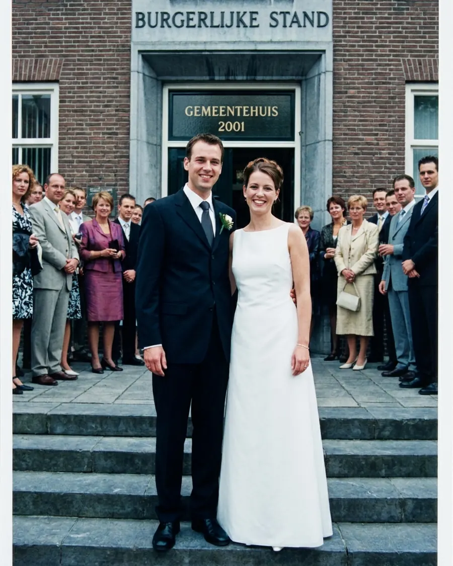 Dezelfde trouwfoto uit 2001, hersteld: de vlek weg en het paar op de trap weer scherp.