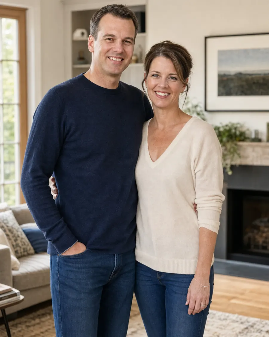 Hetzelfde paar als op de trouwfoto van 2001, nu samen in hun woonkamer