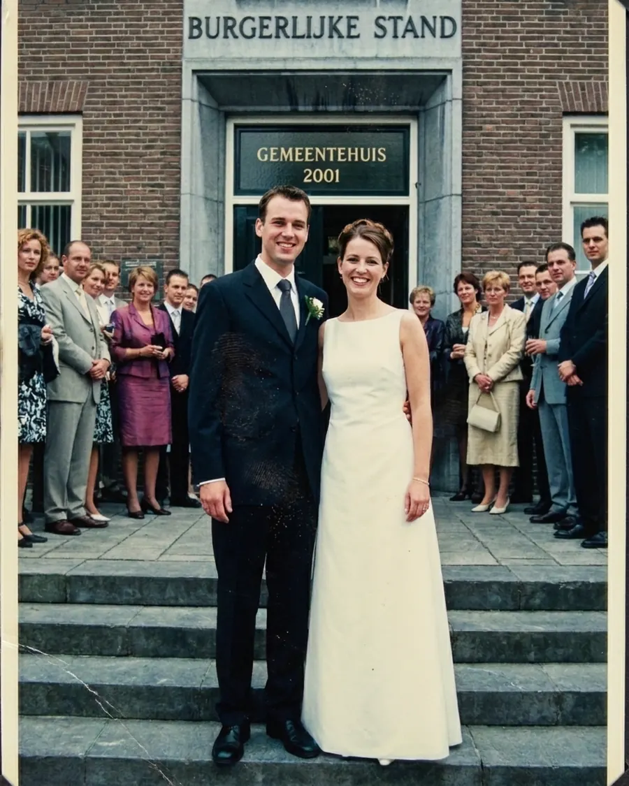 Trouwfoto uit 2001: het bruidspaar op de trap van het gemeentehuis, met de gasten aan weerszijden; over het colbert van de bruidegom loopt een donkere vlek.