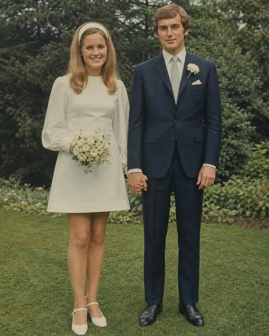 Dezelfde trouwfoto uit 1971, hersteld: de waas weg, het gras weer groen en het pak weer blauw.