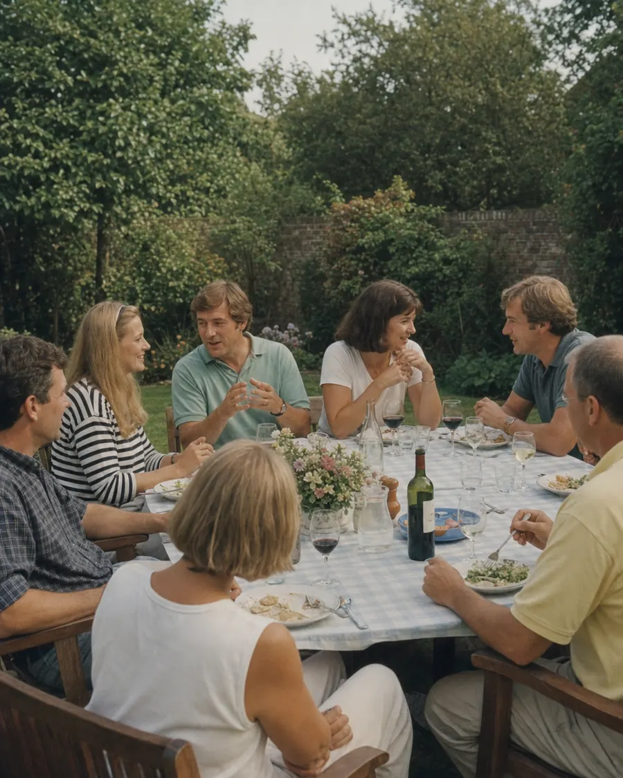 Het paar aan een lange tafel met vrienden