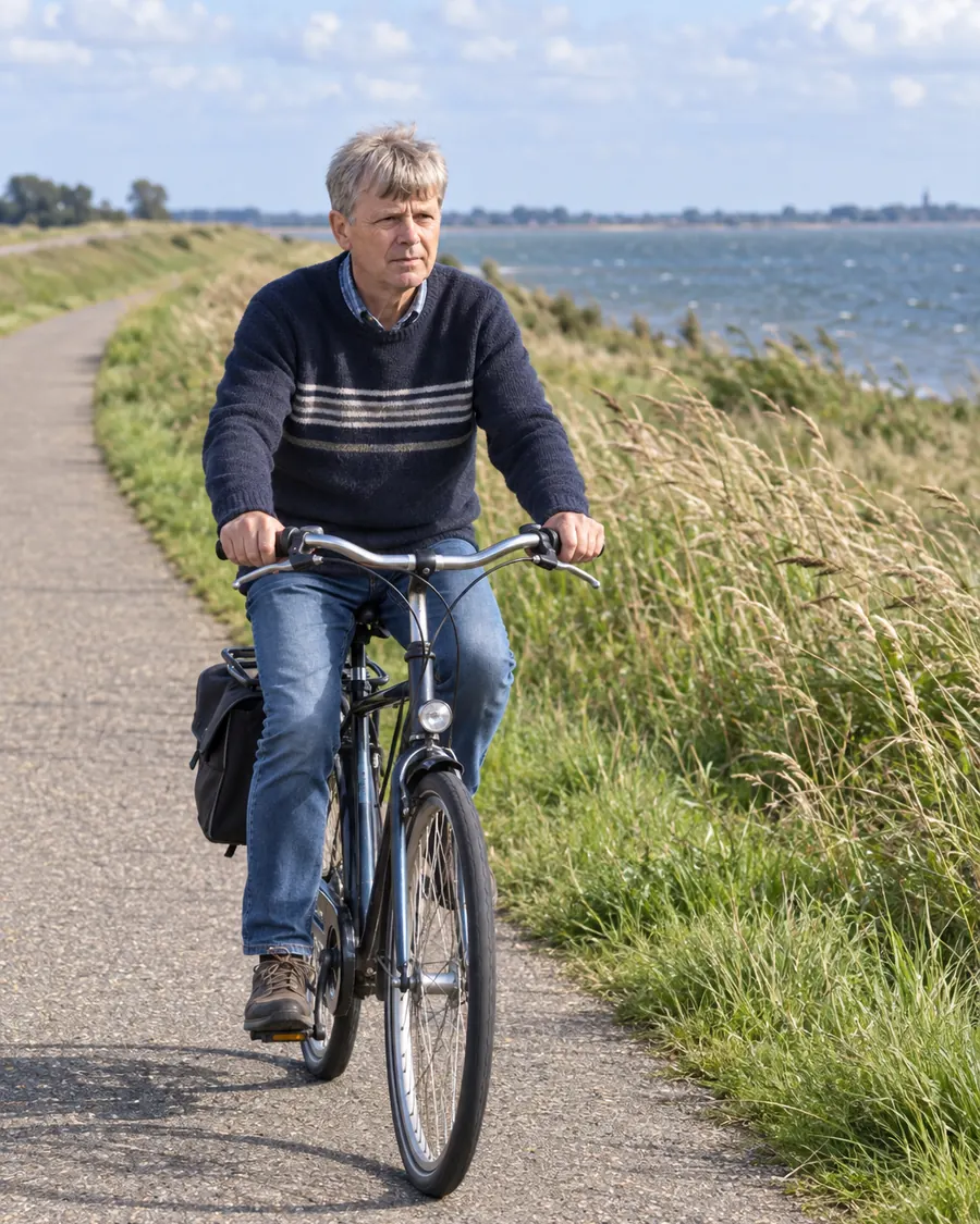 Dezelfde persoon vandaag, op de fiets op een dijk