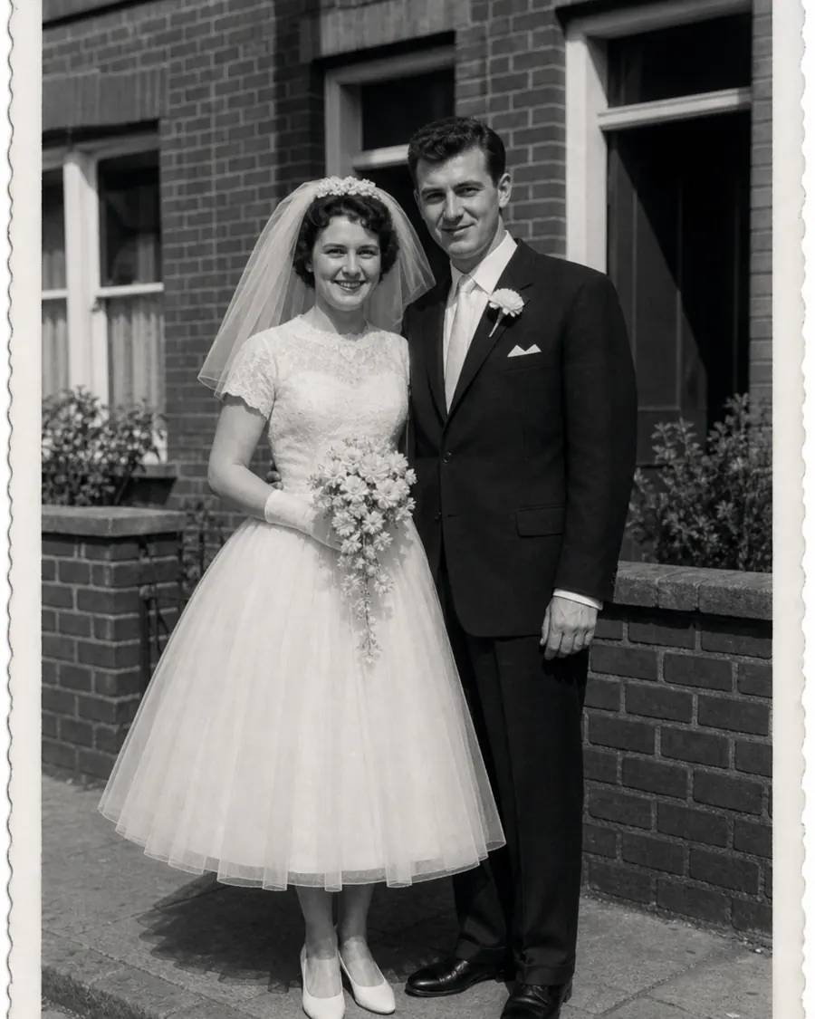 Dezelfde trouwfoto uit 1961, hersteld: de vlekken en het schrift weg, de tule van de sluier weer zichtbaar.