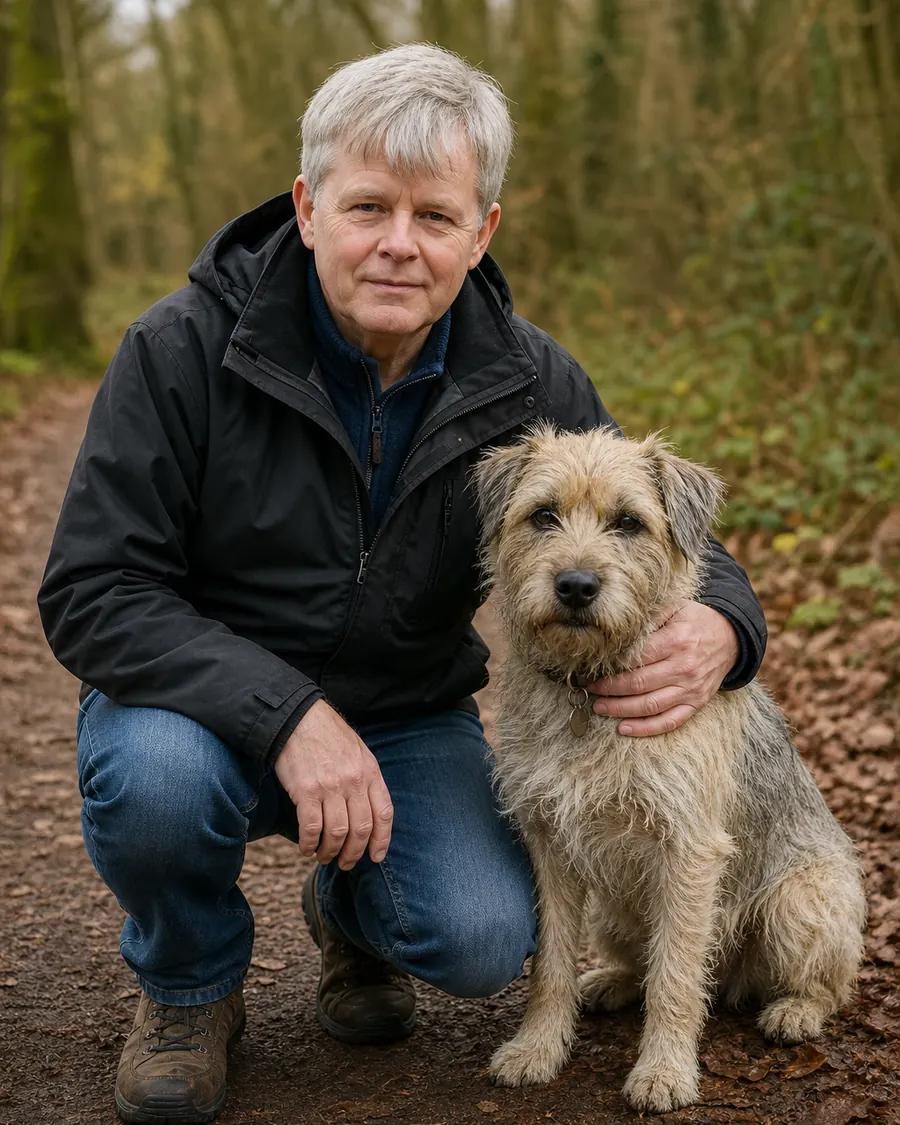 Dezelfde persoon vandaag, met een hond in het bos