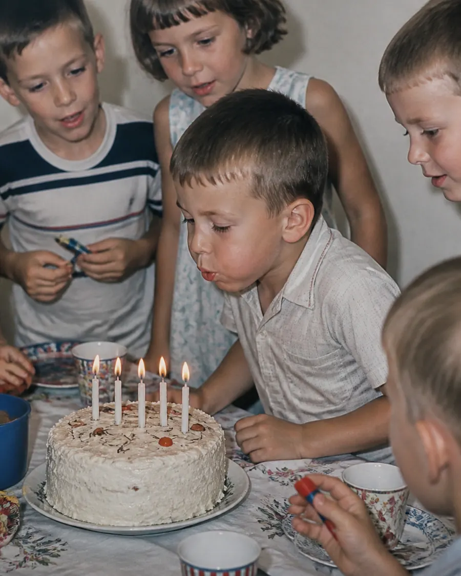 Dezelfde persoon als kind achter een verjaardagstaart, met twee anderen aan tafel