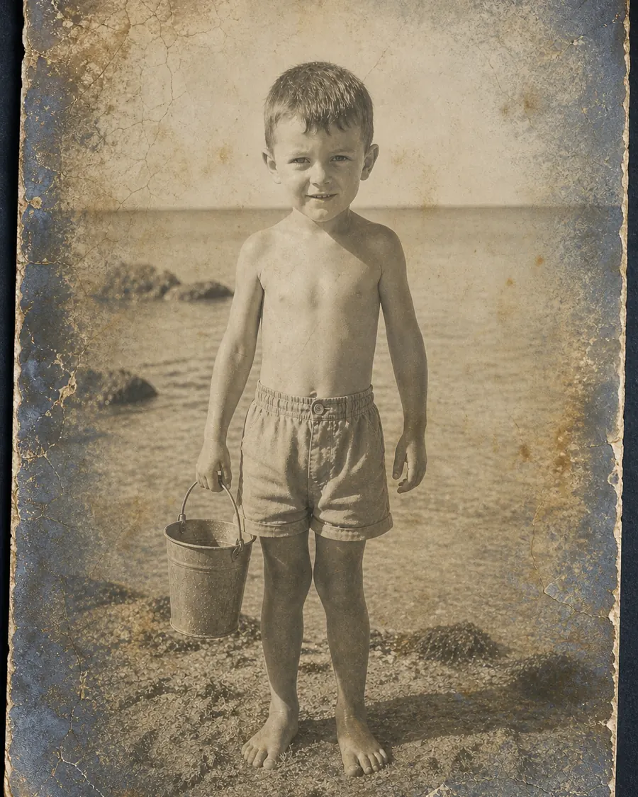 Een zwart-witfoto van een jongen op het strand: langs de randen aangetast en vlekkerig, met een verbleekt midden.