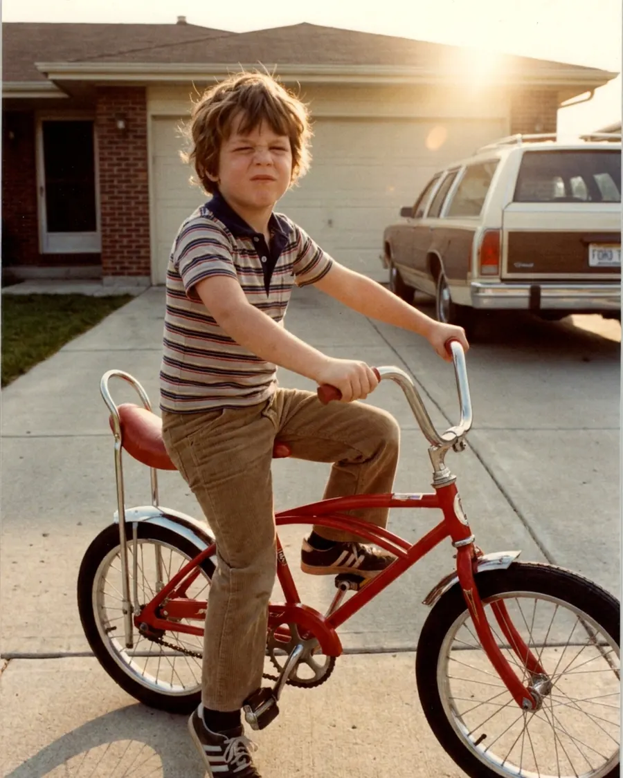 Dezelfde kinderfoto uit 1982, hersteld: de oranje waas weg, de fiets weer rood en het gezicht weer scherp.