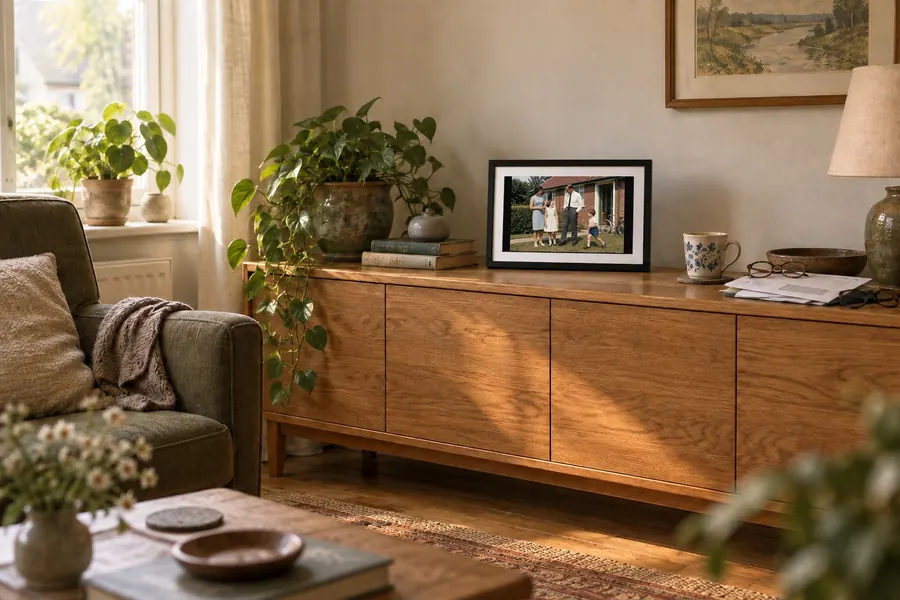 Een woonkamer met de digitale lijst op een eikenhouten dressoir, met een herstelde trouwfoto erop